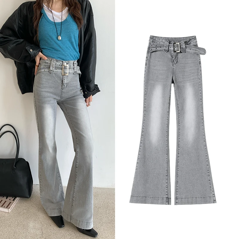 

High Waisted With Belt Flared Jeans For Woman Light Grey Extensible Female Denim Bootcut Jeans