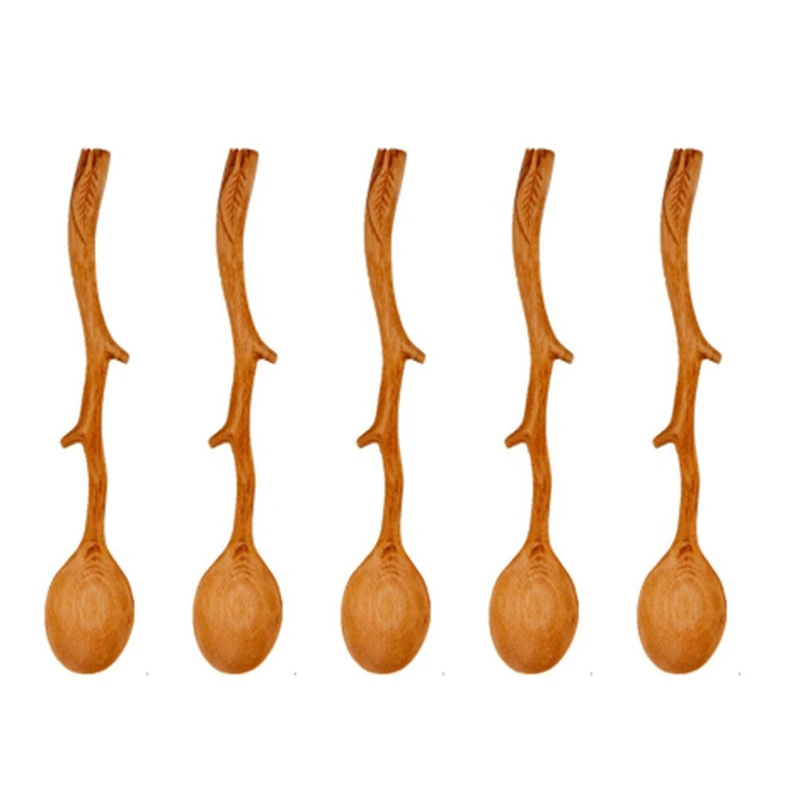 5 Pcs Japanese Style Beech Spoons,Branch Shape Long Handle Scoop,Coffee Stirring Spoon,Tableware