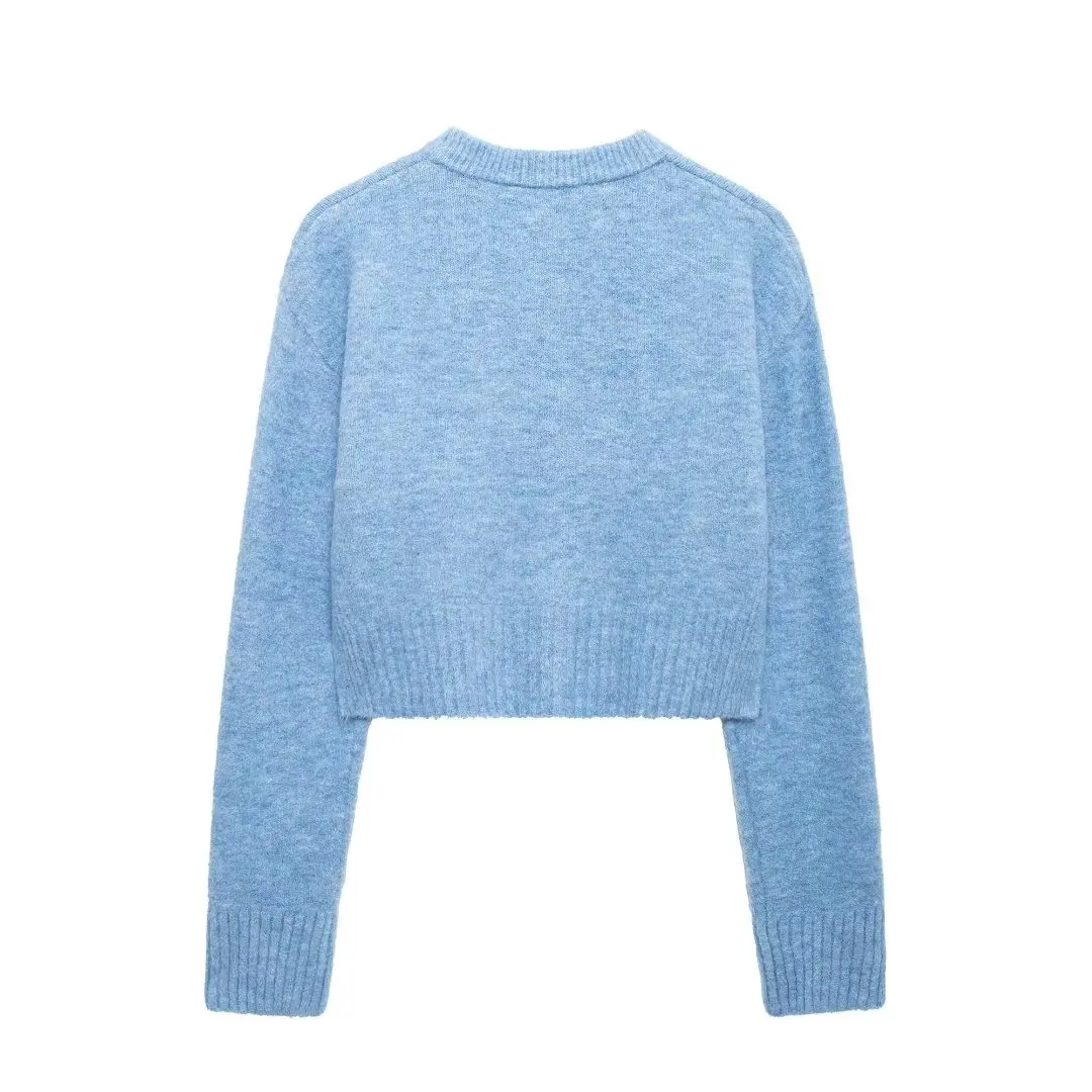 Tangada 2024 Women Elegant Blue Cardigan Sweaters Buttons Long Sleeve Female Crop Jumper 3H0914