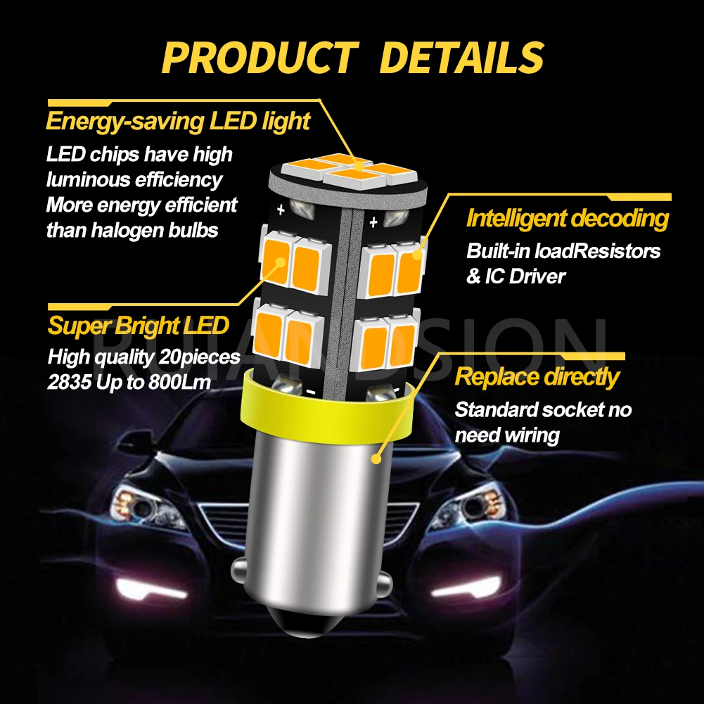 Ruiandsion 2Pcs BA9S BAX9S BAY9S BAW9S LED Indicator Light 12V Yellow 2835 Chip For Car Interior Dome Reading Trunk Light 800LM