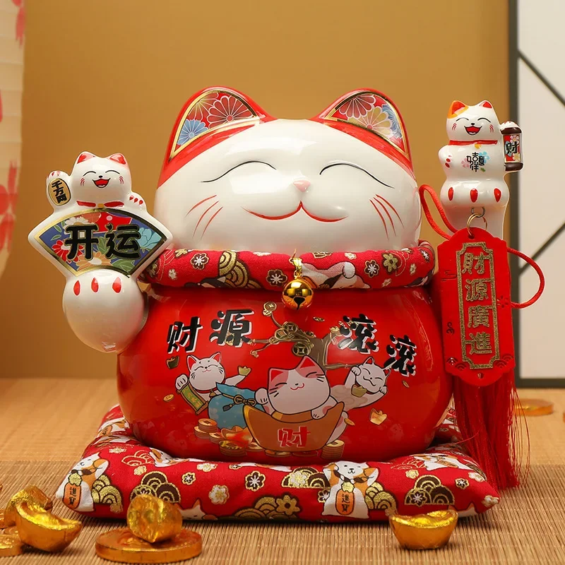 Modern Lucky Cat Money Bank, Festive Red Decor, Cash Register Ornament, Housewarming Gift Piece, Prosperity Charm Decor