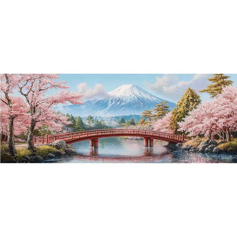 Japanese cherry blossom trees diamond painting Mount Fuji cross stitch kit diamond embroidery red stone arch bridge mosaic decor