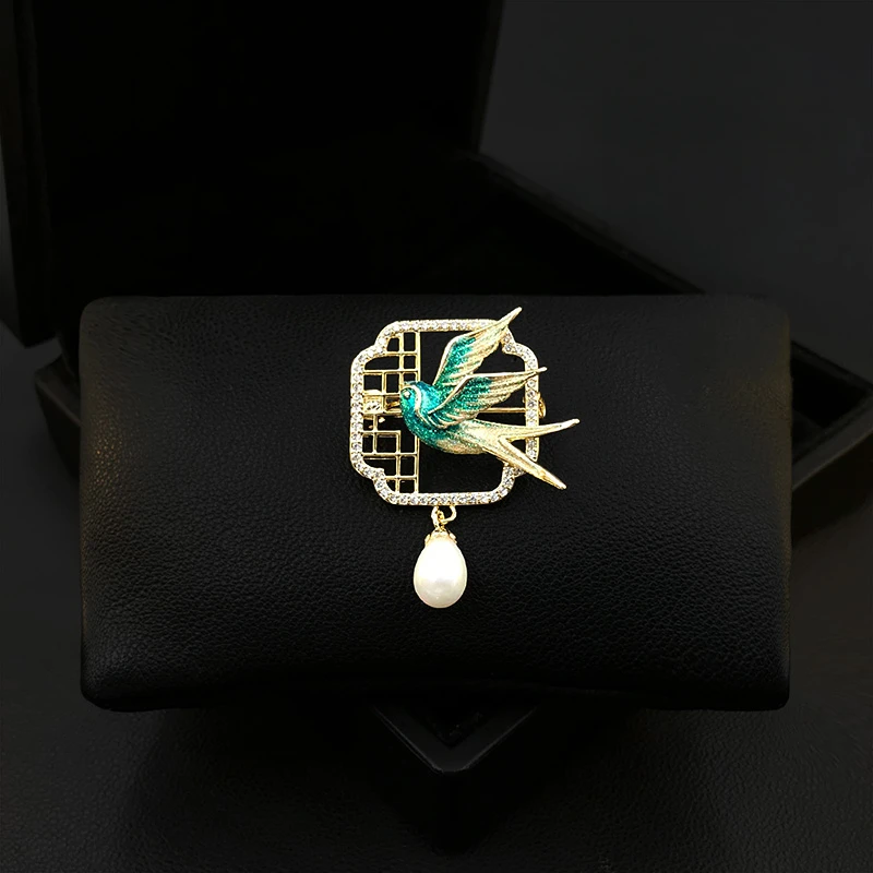 Chinese Style Swallow Bird Brooch Women Vintage Square Pin Suit Accessories Cardigan Neckline Clothes Corsage Pearl Jewelry 5830