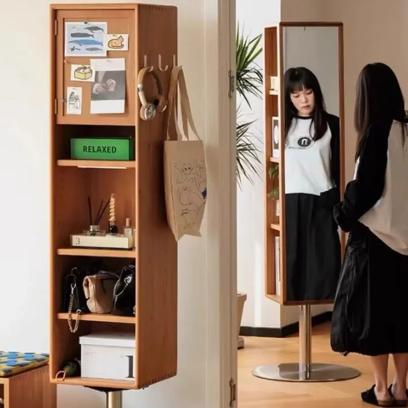 for Japanese Style Solid Wood Full Length Mirror Floor to Ceiling Nordic Makeup Mirror Rotatable Living Room Bookcase