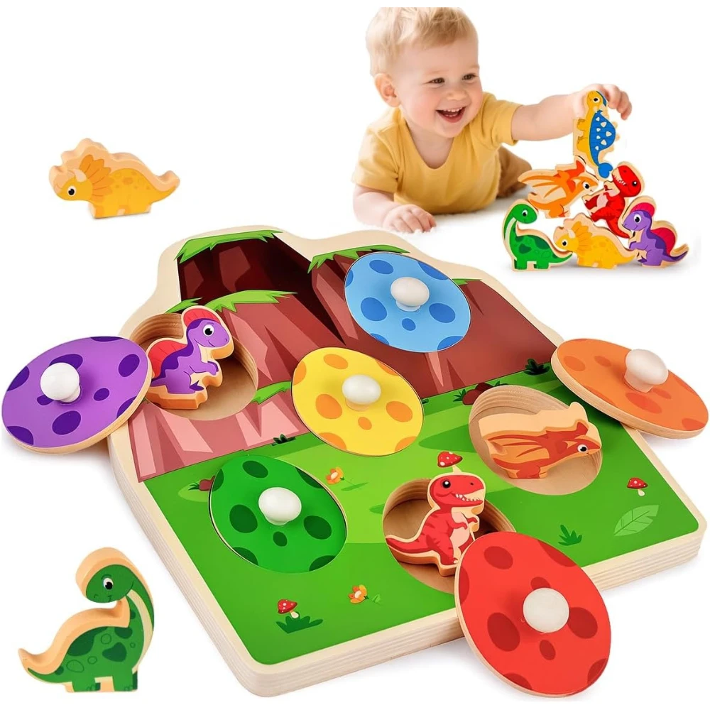 7Pcs Wooden Dinosaur Block Puzzle, Montessori shape & color sorting toy, educational memory game for preschool birthday gifts