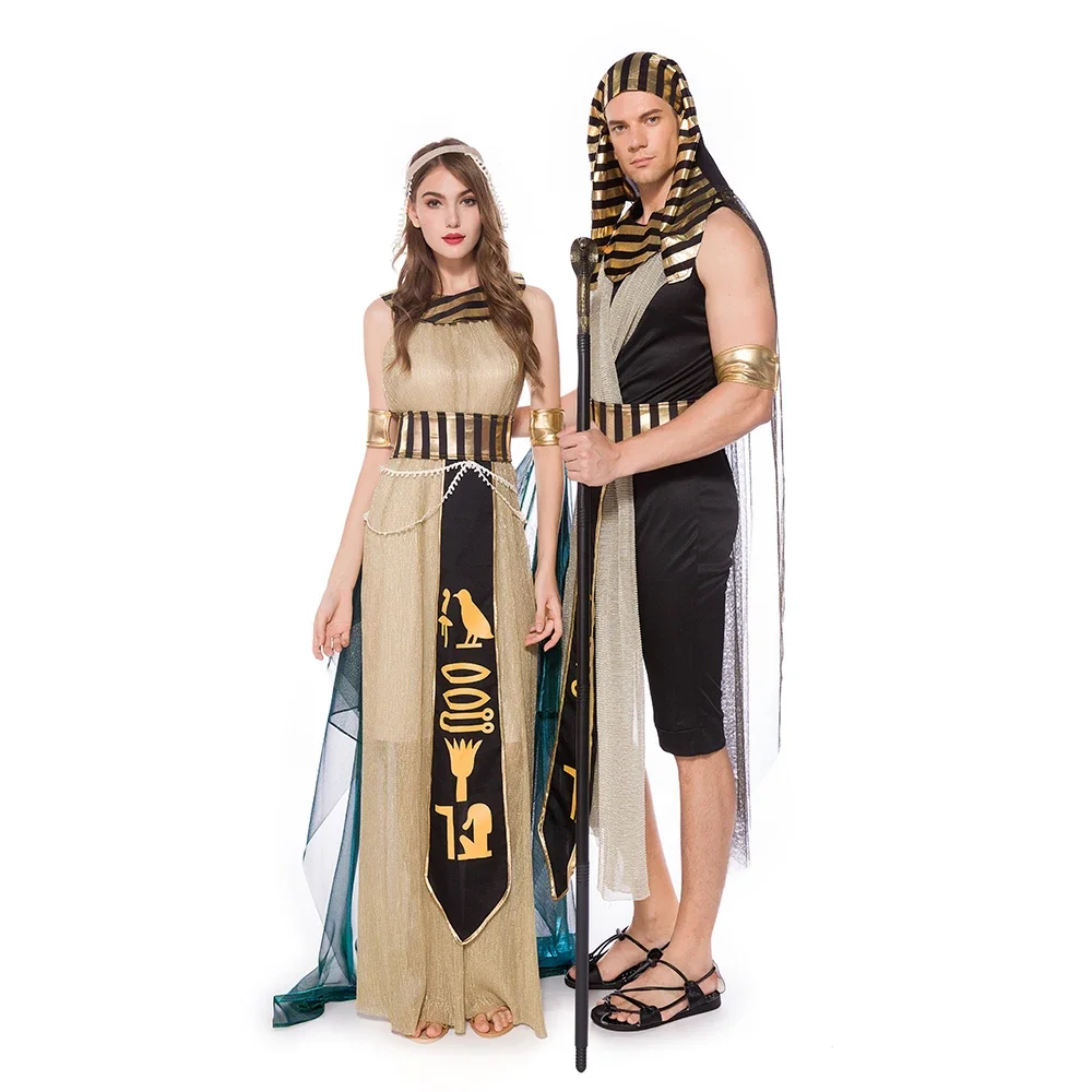 

Women Sexy Cleopatra Costume Egyptian Queen Cosplay Adult Men Egyptian Pharaoh Costumes Halloween Fancy Party Dress Outfit