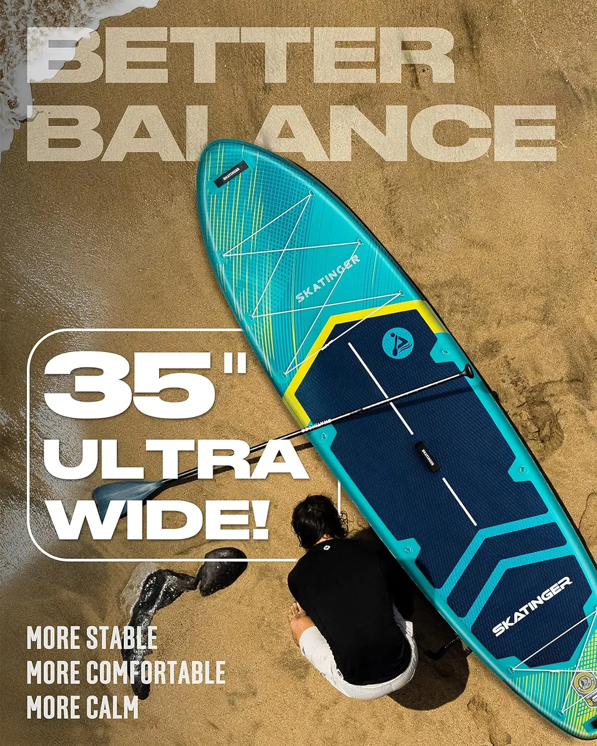 11'6×35" superbreites aufblasbares Paddleboard, ultrastabile Stand-Up-Paddleboards für 450 Pfund/3 Personen/Familien/große Größe mit Schulterstärke