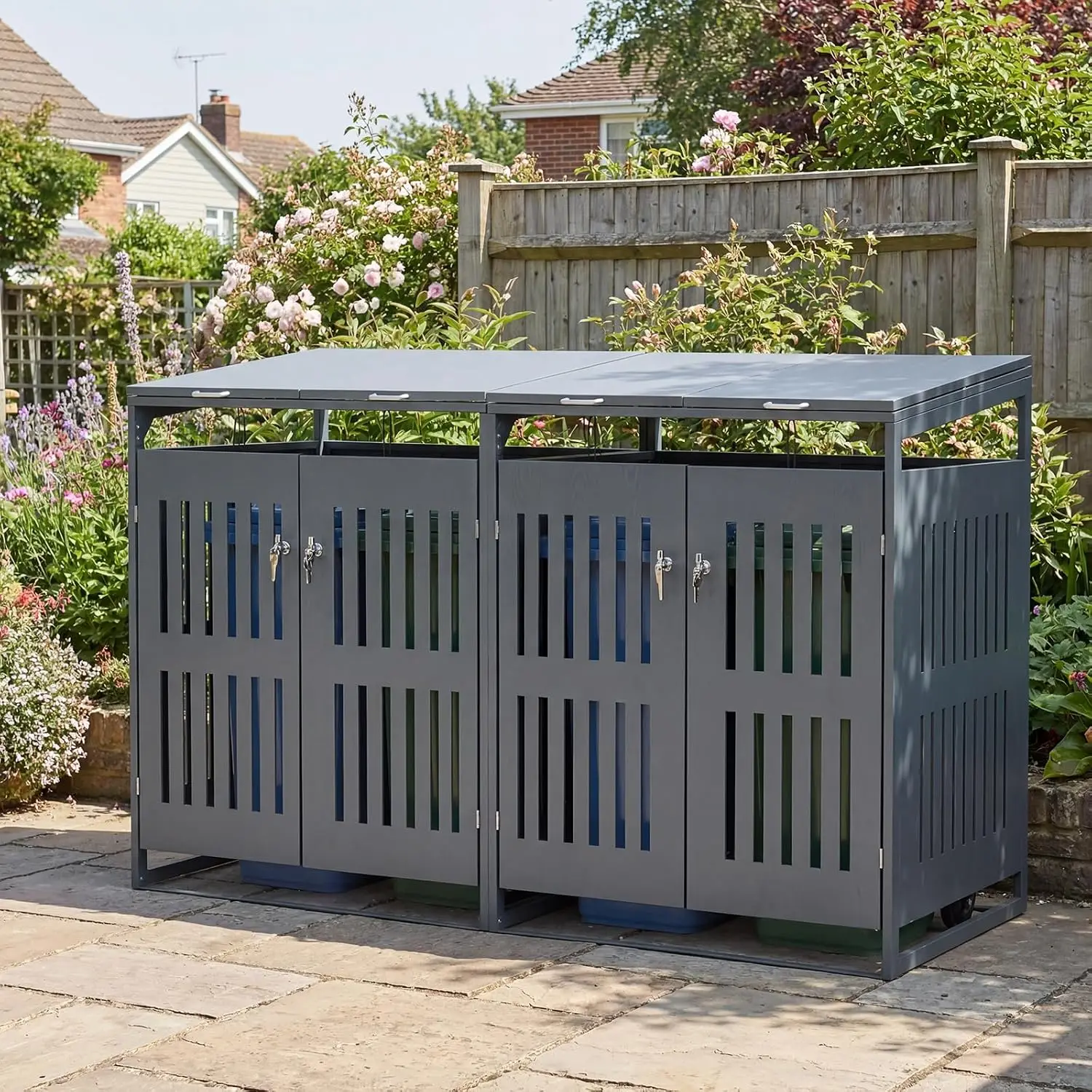 44 Cu.Ft Outdoor Trash Can Storage, Garbage Can Hider Outdoor with 2 Lockable Doors Gas Struts & Shock Absorbers, Slant-roof Out