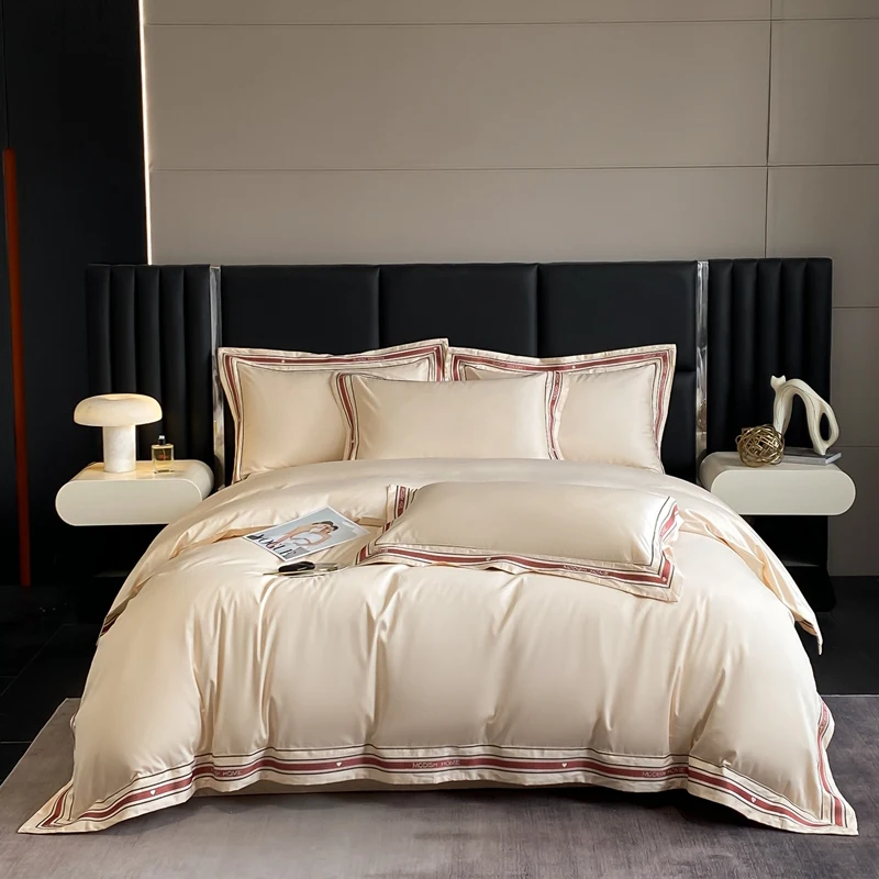 Luxury Stripe Embroidery Bedding Set King Queen Size 4pcs Beige Egyptian Cotton Duvet Cover Bed Sheet Pillowcases Solid Color