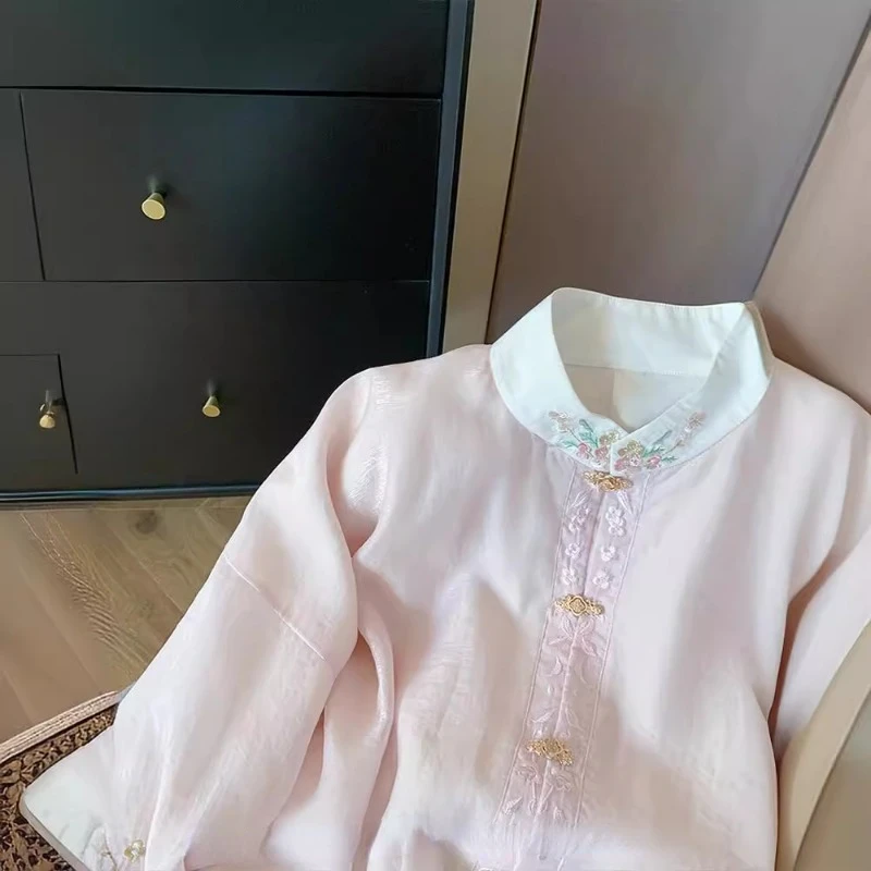 OCEANLOVE Pink Embroidered Shirts&blouses Women Tops Chinese Style Vintage Elegant Fashion Blusas Mujer Spring Autumn Camisas