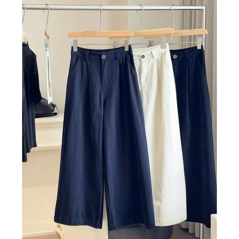 레트로 엘라스틱 하이웨이스트 워시드 코튼 여성 와이드 레그 팬츠 여성 루즈 캐주얼 솔리드 여성 스트레이트 레그 팬츠