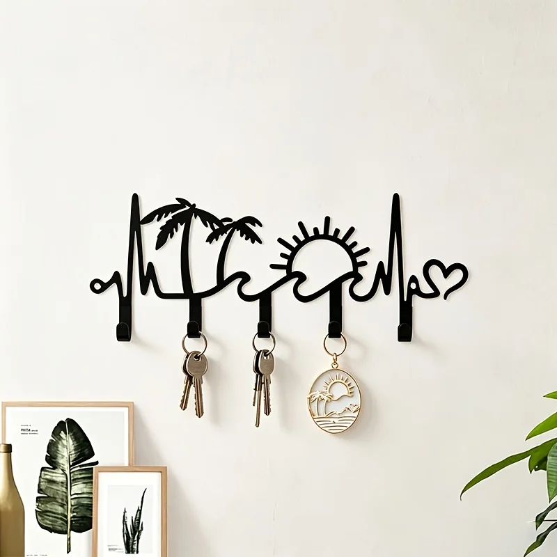 CIFBUY Boho Beach Metal Wall Hook Heartbeat Palm Tree Sunset Silhouette Key Holder Decorative Coat Hanger for Entryway Hallway B view 4