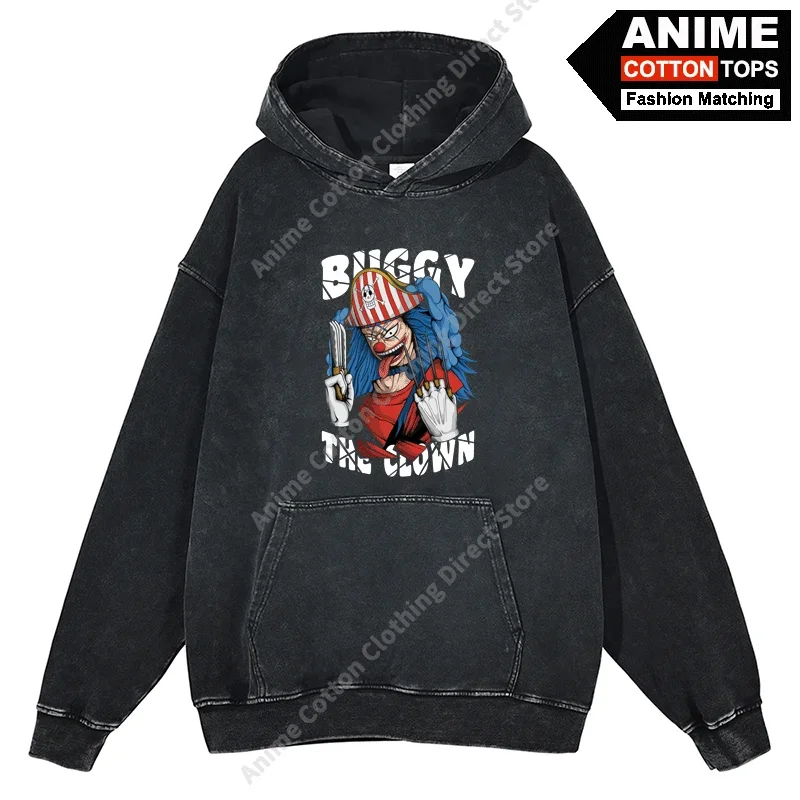 Anime Pirate King Peripheral Clothing Buggy Print Hoodie Cotton Washed Vintage Unisex Oversized Loose Sweatshirt Tracksuit Tops