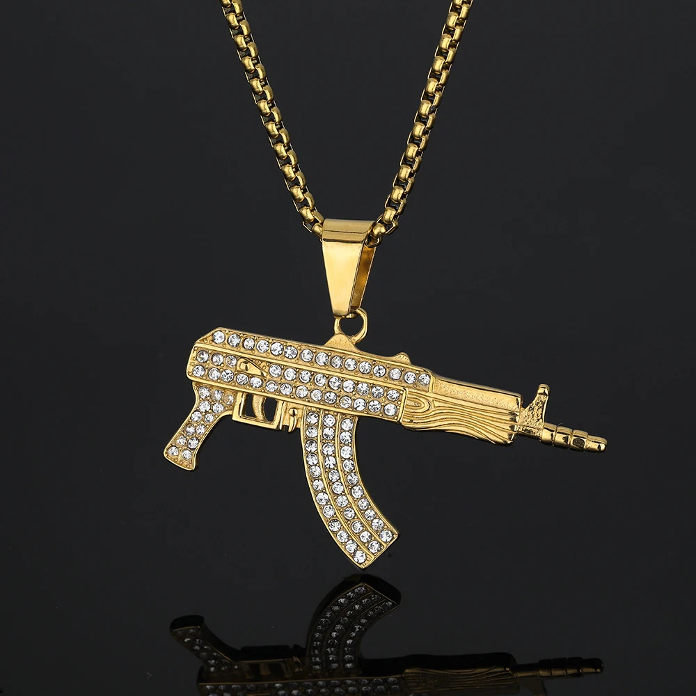 Hip pie Fashion Assault Rifle Iced Out Shiny CZ Pendant Gold Color Stainless Steel Rapper Necklace Man Hip Hop Military Jewelry