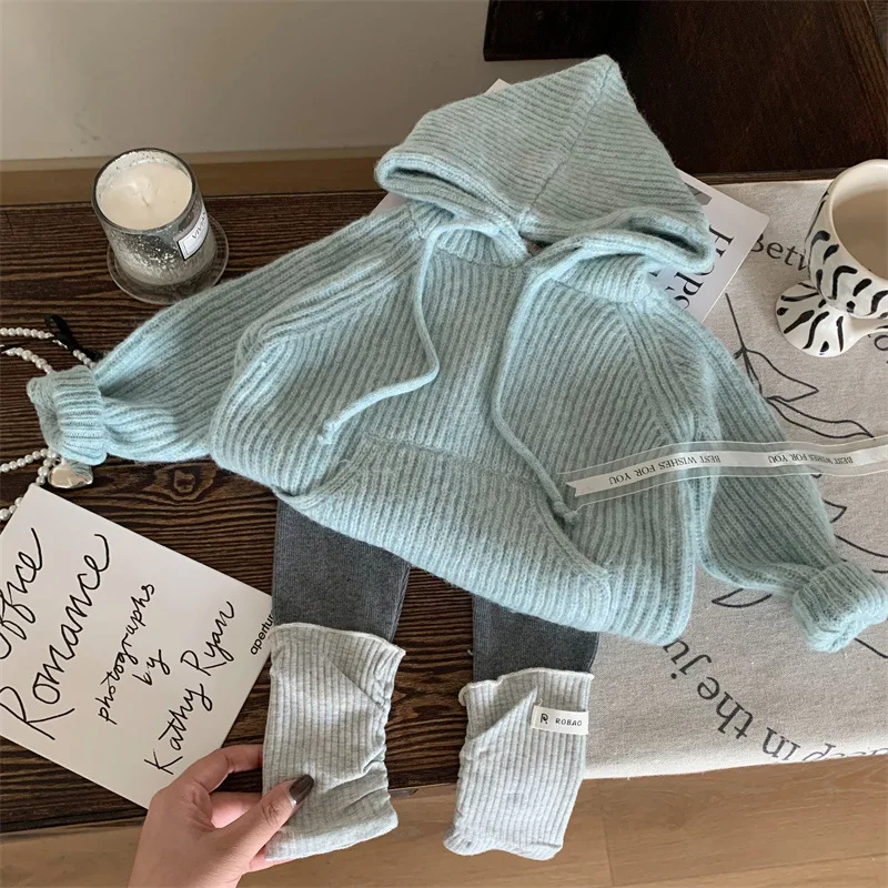 Korean Version Children's Clothing New Spring and Autumn Winter Girls' Knitted Sweater Hooded Sweatshirt Pile Socks Leggings