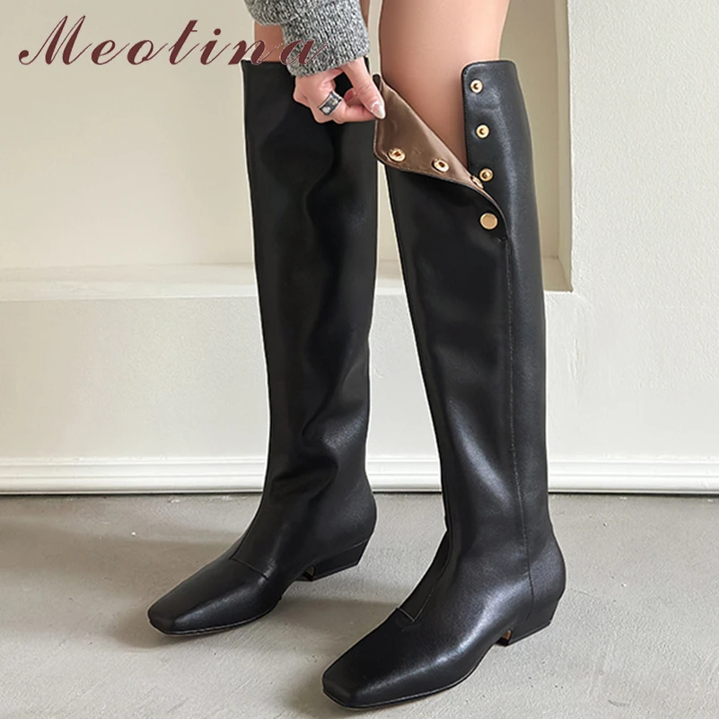 

Meotina Women Genuine Leather Knee High Boots Square Toe Flats Concise Design Long Boots Ladies Fashion Shoes Winter Black Brown