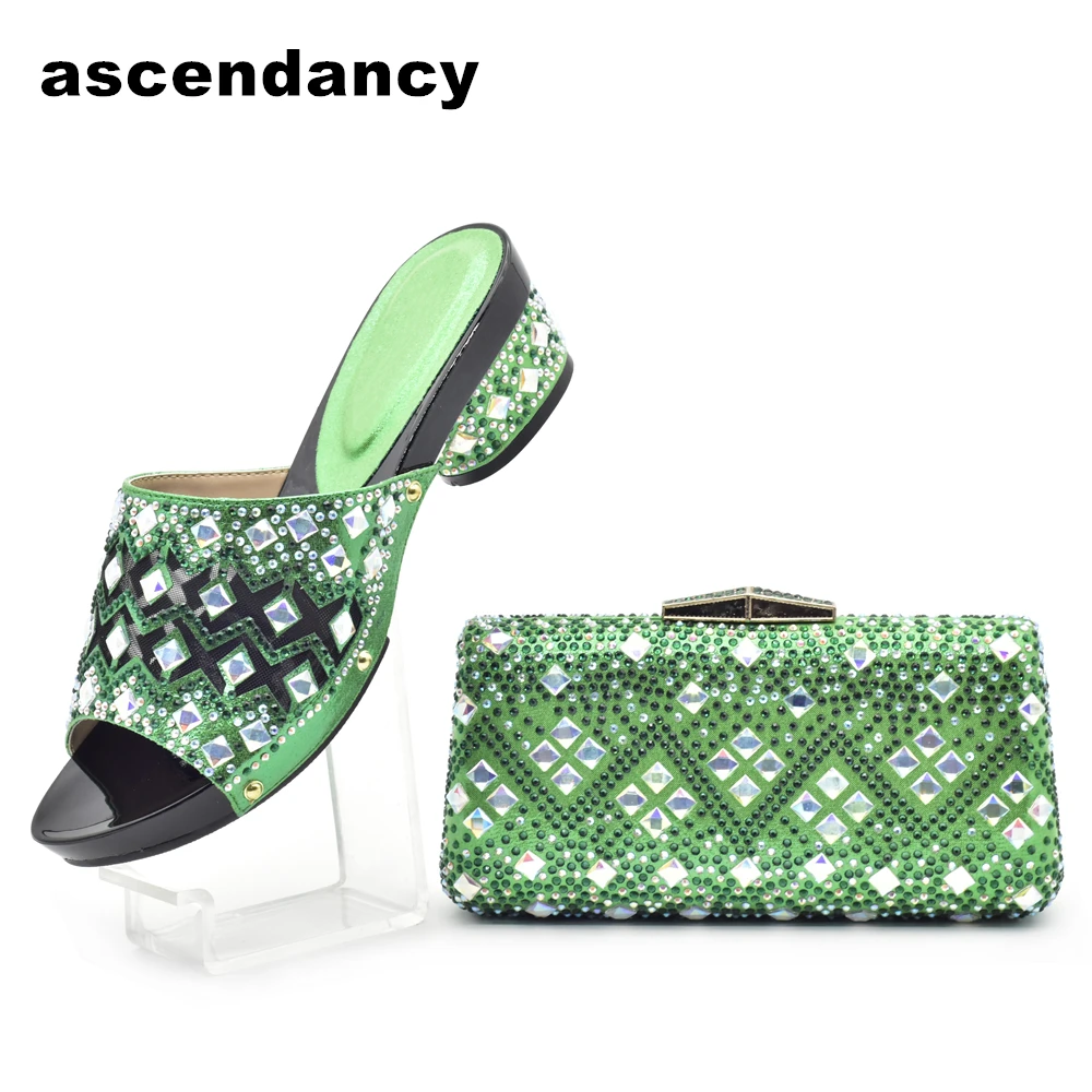 African Party Wedding Nigerian Low Heels and Purse Set Decorated with Rhinestone Plus Size Shoes Luxury Italy Shoes with Bag Set