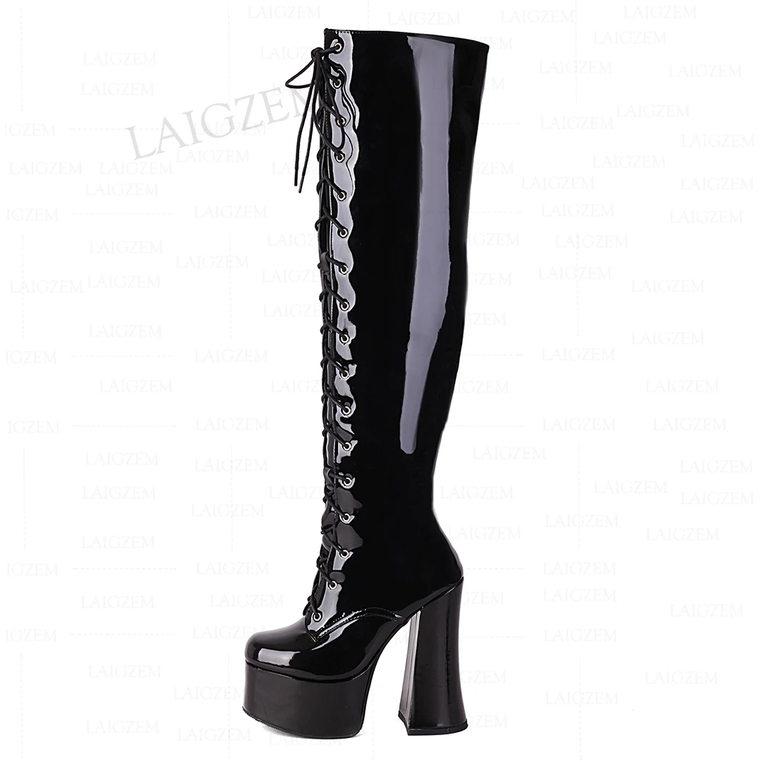 LAIGZEM Women Over Knee High Boots Shiny Side Zip Up 15CM Thick Heels Boots Wide Calf Friendly Shoes Woman Plus Size 37 41 43 46