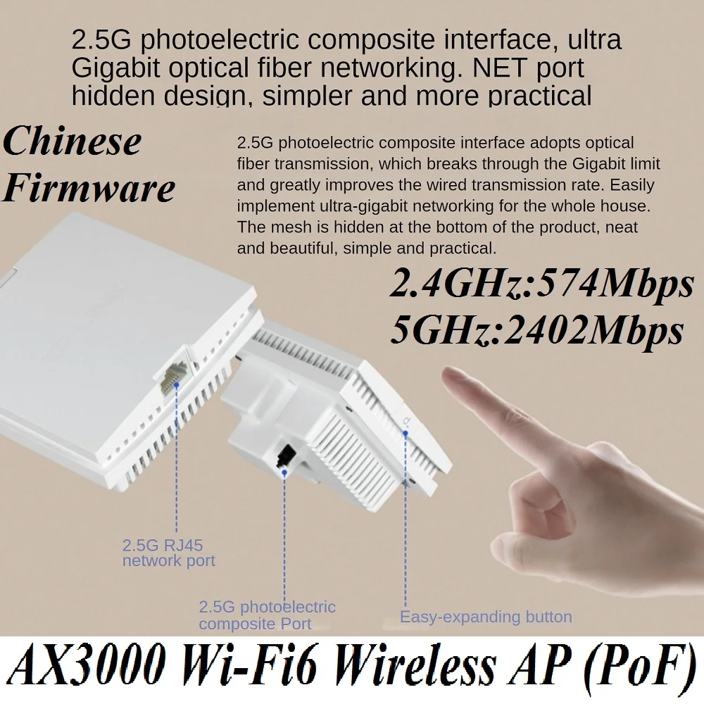 

2*2.5G Ports 3000Mbps in Wall AP WiFi6 project AP 802.11AX WiFi 6 Access Point 2.4GHz 574Mbps 5GHz 2402Mbps PoF Power Over Fiber