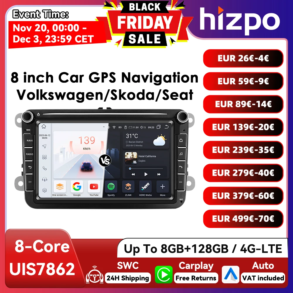 8 " Hizpo 2Din Android13 autoradio pour Volkswagen VW Skoda Octavia Golf 5 Touran Passat B6 Polo Jetta Amarok Auto CarPlay GPS RDS