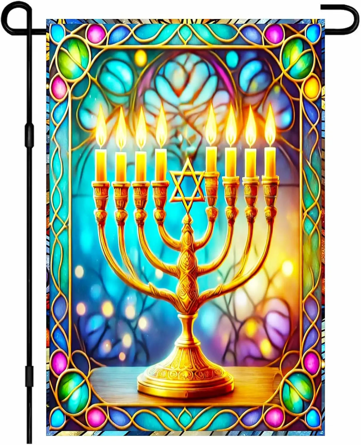 Hanukkah Holiday Garden Flag 12x18 Inch Golden Menorah with Star of David and Stained Glass Glow Yard Flag Double Sided Welc yyi