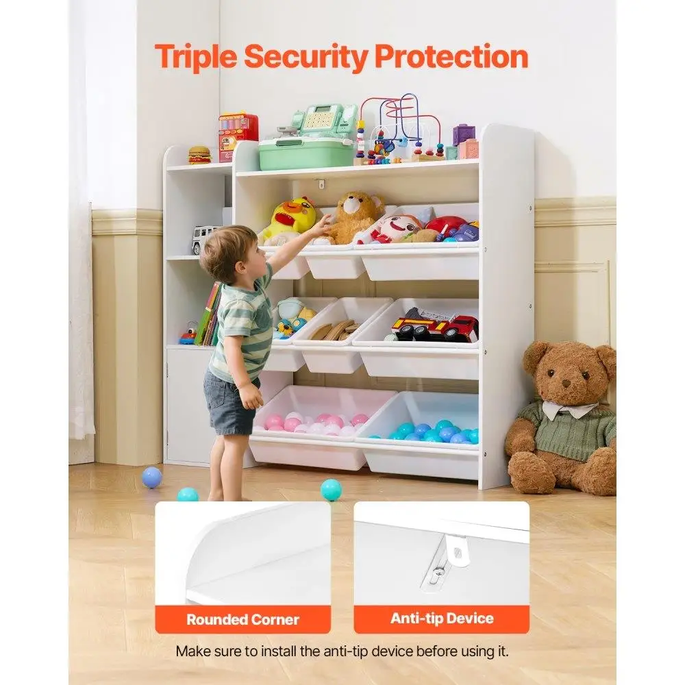 Kids Toy Storage Organizer with 4 Tier Bookshelf and 8 Plastic Bins for Playroom Bedroom Nursery Classroom White