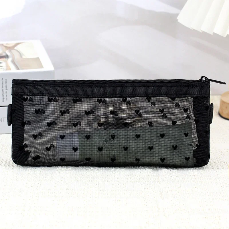 

Clear Mesh Cosmetic Makeup Bags Case Makeup Brush Holder Cute Transparent Zipper Black Heart Printed Pencil Pen Case Pouch