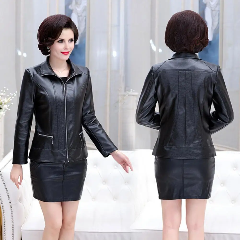 Women Faux Leather Jacket Mid-aged Women Coat Stylish Mid-aged Women's Faux Leather Motorcycle Jacket with Zipper for Travel