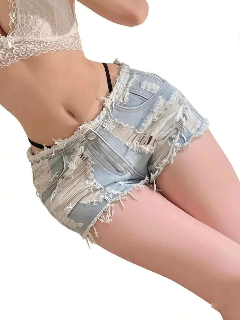 Sexy Women Plus Size Hot Shorts Hollow Out Tassels Short Pants Denim Beach Shorts Fashion Streetwear Dance Wear Maid Short