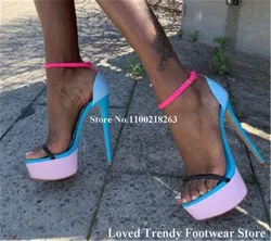 Sexy Narrow Mixed-colors Straps Thin Heel Sandals Open Toe Patchwork High Platform Ankle Straps Stiletto Heel Dress Pumps