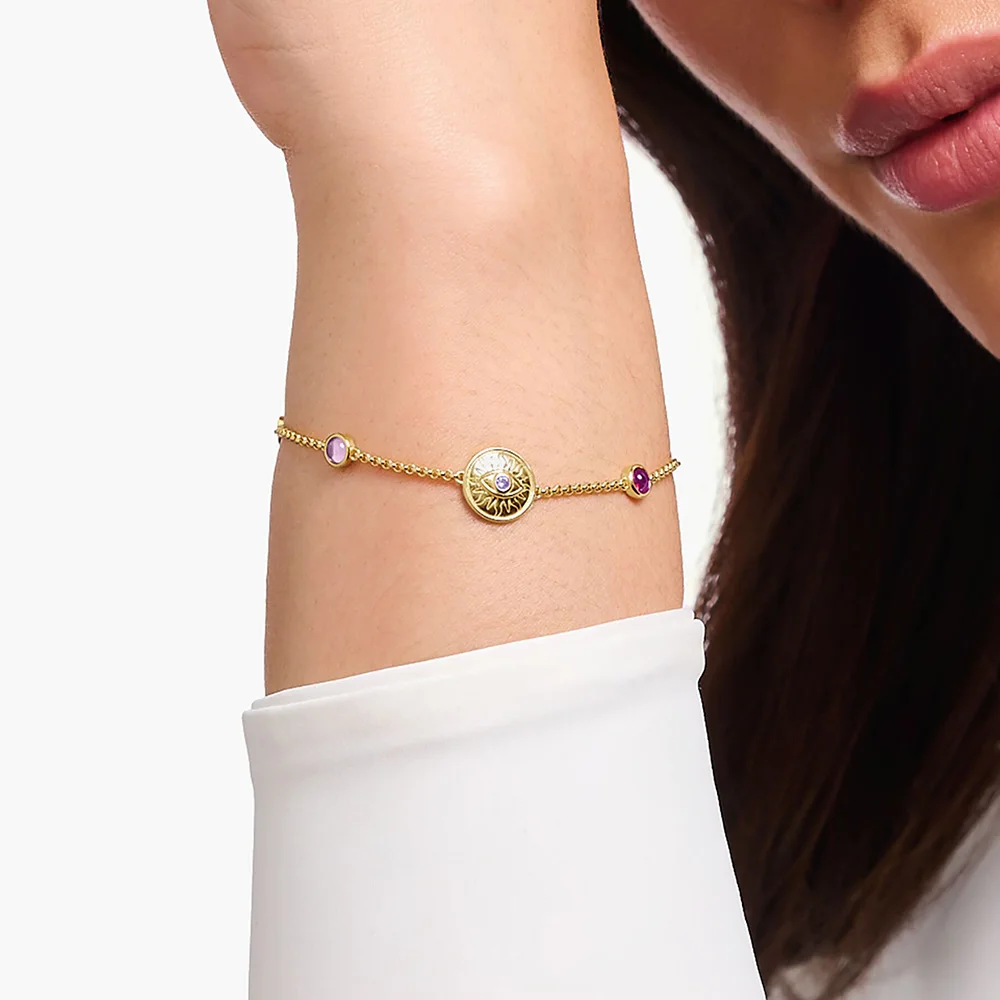 Yellow-Gold Plated Bracelet Sun Coin Brand New Link Chain 925 Sterling Silver Vintage Jewelry Summer Gift For Women