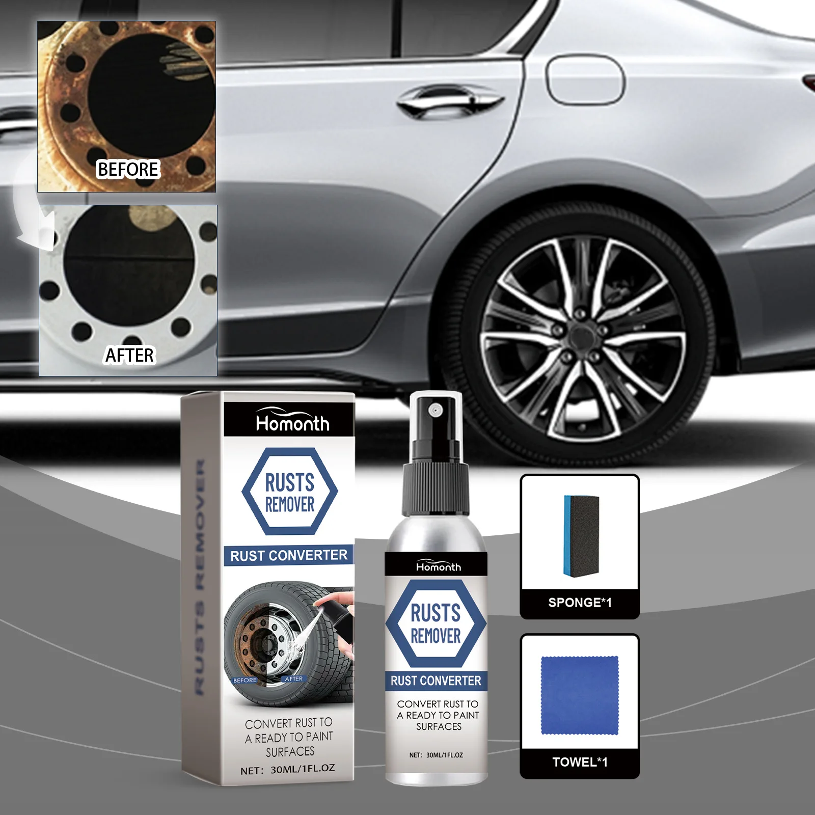 

30ml Wheel Rim Rust Remover Spray - Helps Clean Surface Rust From Car Wheels & Metal Parts, Safe for Most Alloy Rims