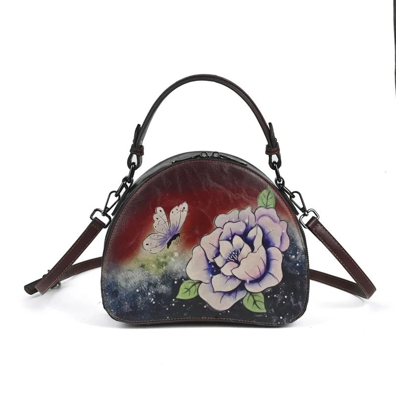 

2025 New Chinese Style Floral Butterfly Circle Bag Hand-Painted Embossed Leather Crossbody Bag for Women Bohemian Vintage Purse