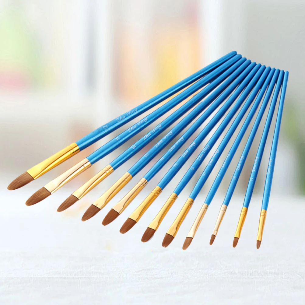 

12 Pcs Nylon Hair Brush Blue Paint Brushes Drawing Painting Beginner Wooden Versatile