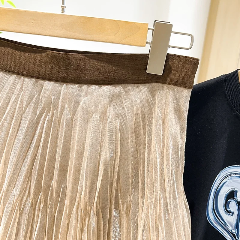 

Mimifa T*ME 25 New Ele iny Folded A-Line f Skirt Versatile High Waist Commute Pure Color Ci Summer Skirt