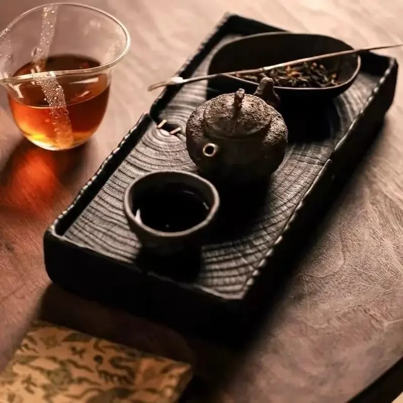 Solid Wood Carbonized Dry Foam Table Handmade Rectangular Wooden Tea Tray Wabi-Sabi Style Tea Holder Japanese Dry Foam Tray