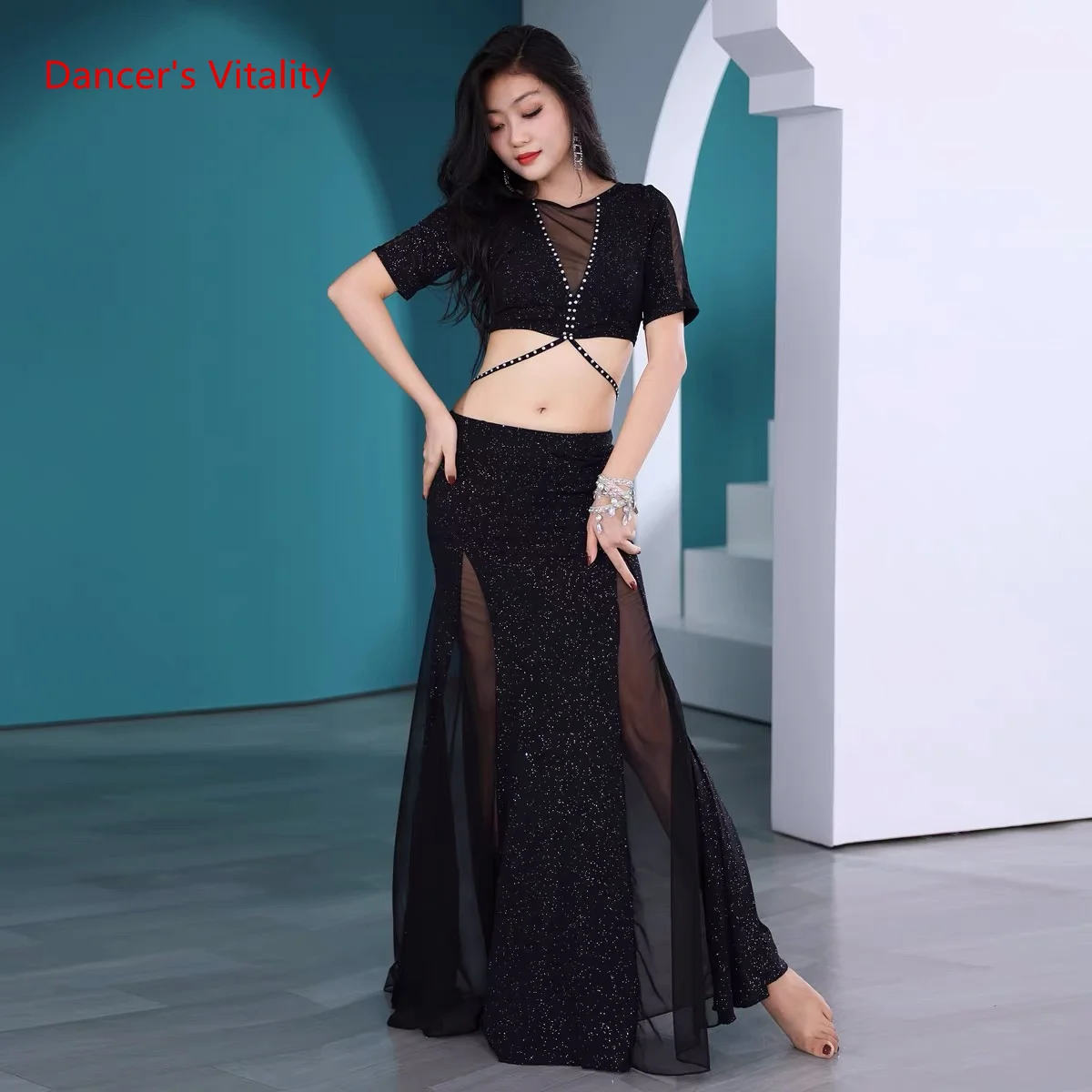 ผู้หญิง Professional Bellydance ชุดเซ็กซี่สั้นแขน Top กระโปรงยาว Exotic Dancewear สาว Oriental ชุดเต้นรำผ้า