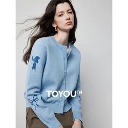 TOYOUTH Women Knitwear Cardigan 2024 Autumn New Bow Jacquard Long Sleeve Round Neck Single Breasted Button Sweater Tops