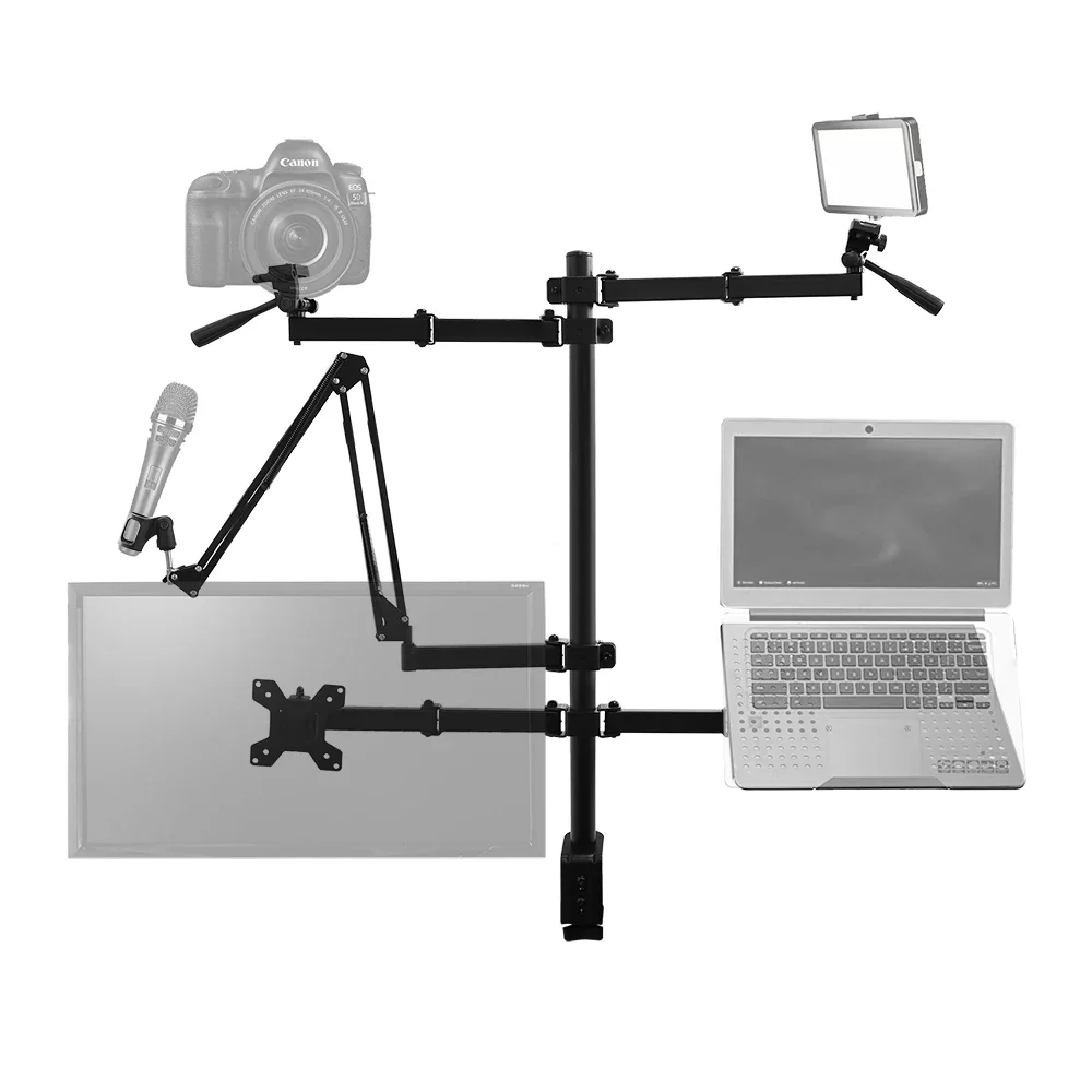 All in One Computer Studio Desk Mount Dual Monitor Mount Laptop Stand Live stream Arms Compatible Cameras Lighting tablets