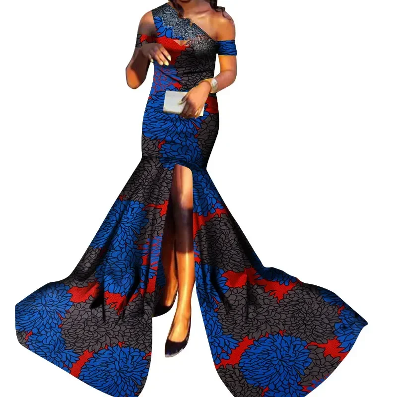 

African Dresses for Women Bazin Riche Style Femme Splice African Clothes Graceful Lady Print Wax Plus Size Party Dress WY3740