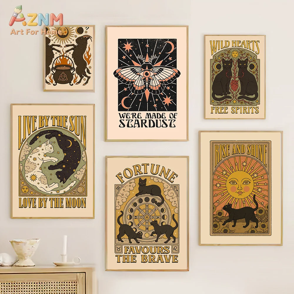 AZNM Vintage Tarot Black Cat Canvas Print Sun Moon Moth Mystic Witchy Retro Celestial Art Bohemian Bedroom Wall Decor Unframed C
