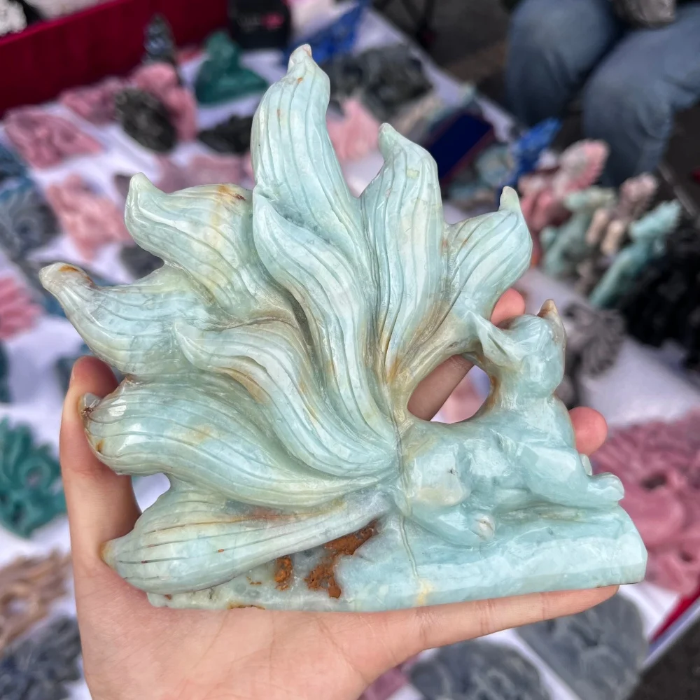 1PCS Natural Amazonite Quartz Nine-Tailed Fox Carving Crystal Fengshui Love Healing Stone Home Decor Gift