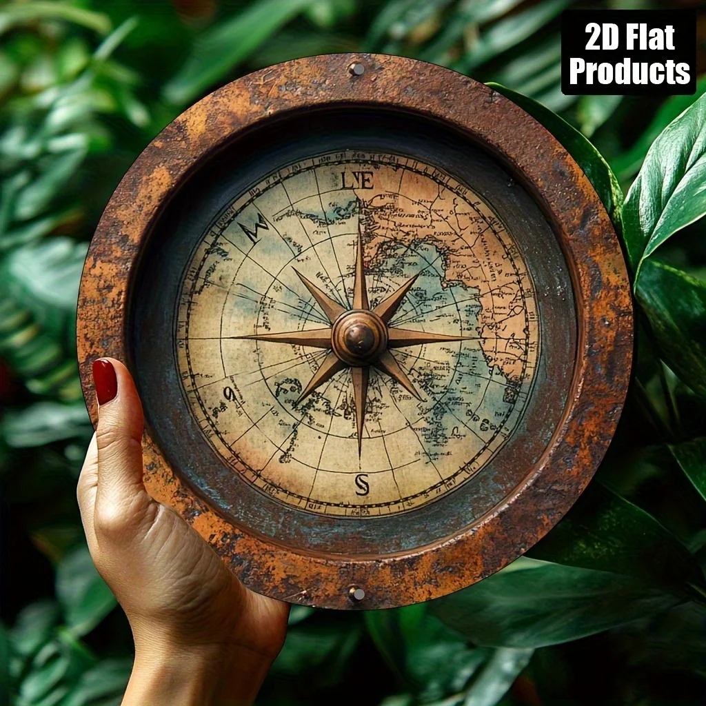 2D Flat, Vintage World Map Metal Wall Decor - Antique Bronze Finish - 20.32x20.32 cm Navigation Compass Art - for Home, Office,
