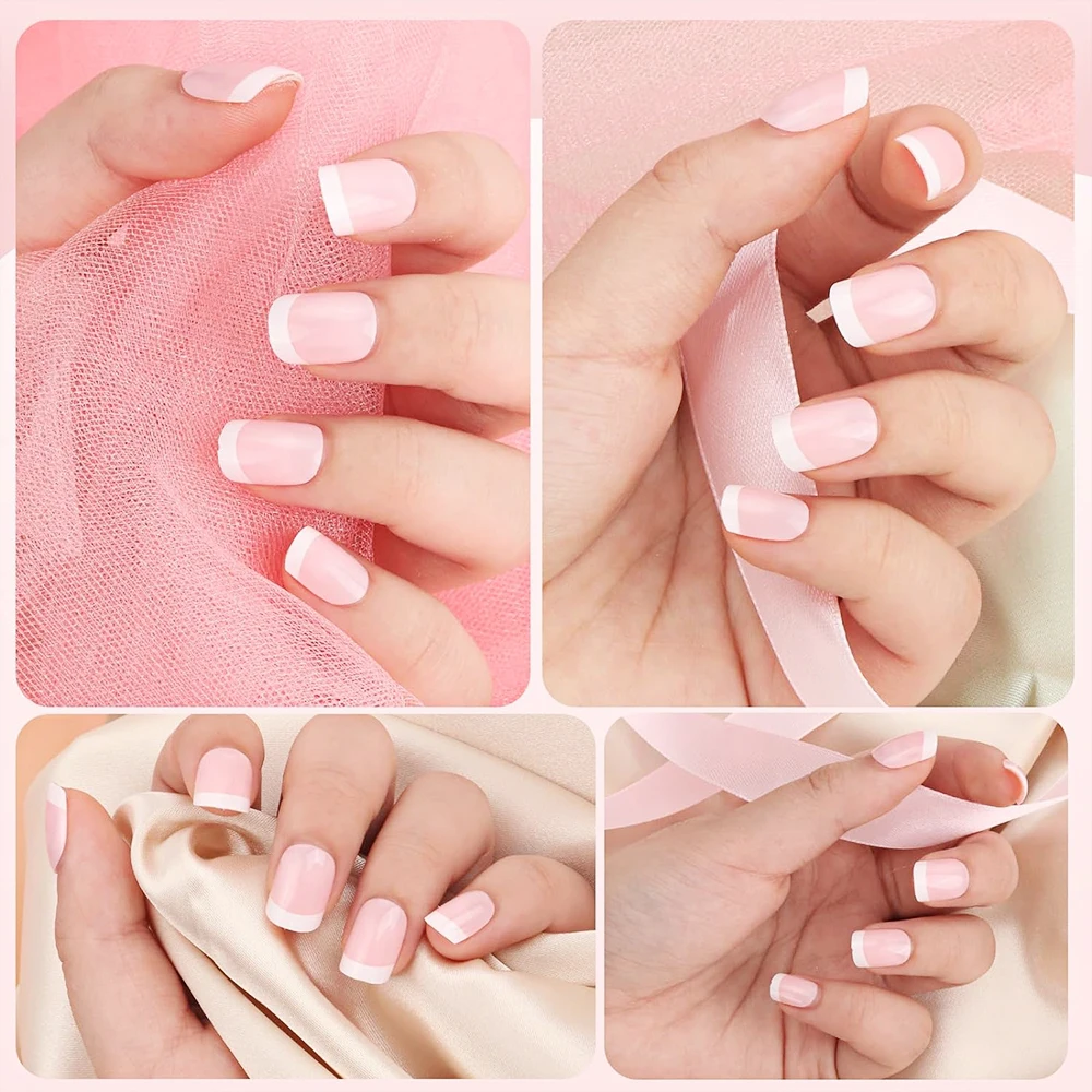 24Pcs French Square Round Head Fake Nails Natural Nude/Pink Press On Nails Tips With White-edges Wearable Full Cover Flase Nails image 6