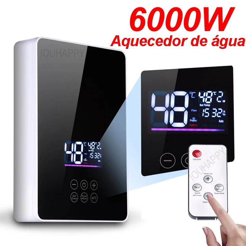 Aquecedor de Água Instantâneo para Chuveiro 220V, Torneira de Banheiro com Aquecedor de Água Quente 6000W, Display Digital para Casa de Campo, Chalé, Hotel, Cozinha