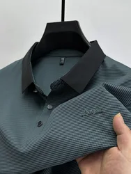 High end brand ice silk short sleeve T-shirt men's summer fashion plaid letter design for cool and breathable casual POLO shirt