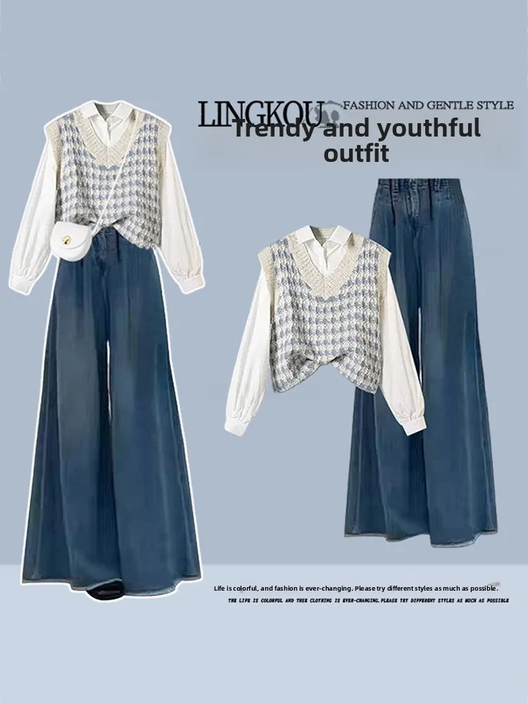 

Korean Style Women's Knitted Vest And Shirt Set High Waist Jeans Three Piece Set Autumn Spring Casual Fashion Ensemble