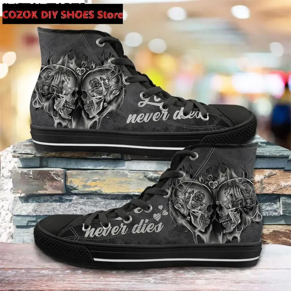 Classic High Top Canvas Shoes Sugar Rose Flower Skull Print Men's Vulcanized Shoes Punk Style Footwear Zapatos Mujer