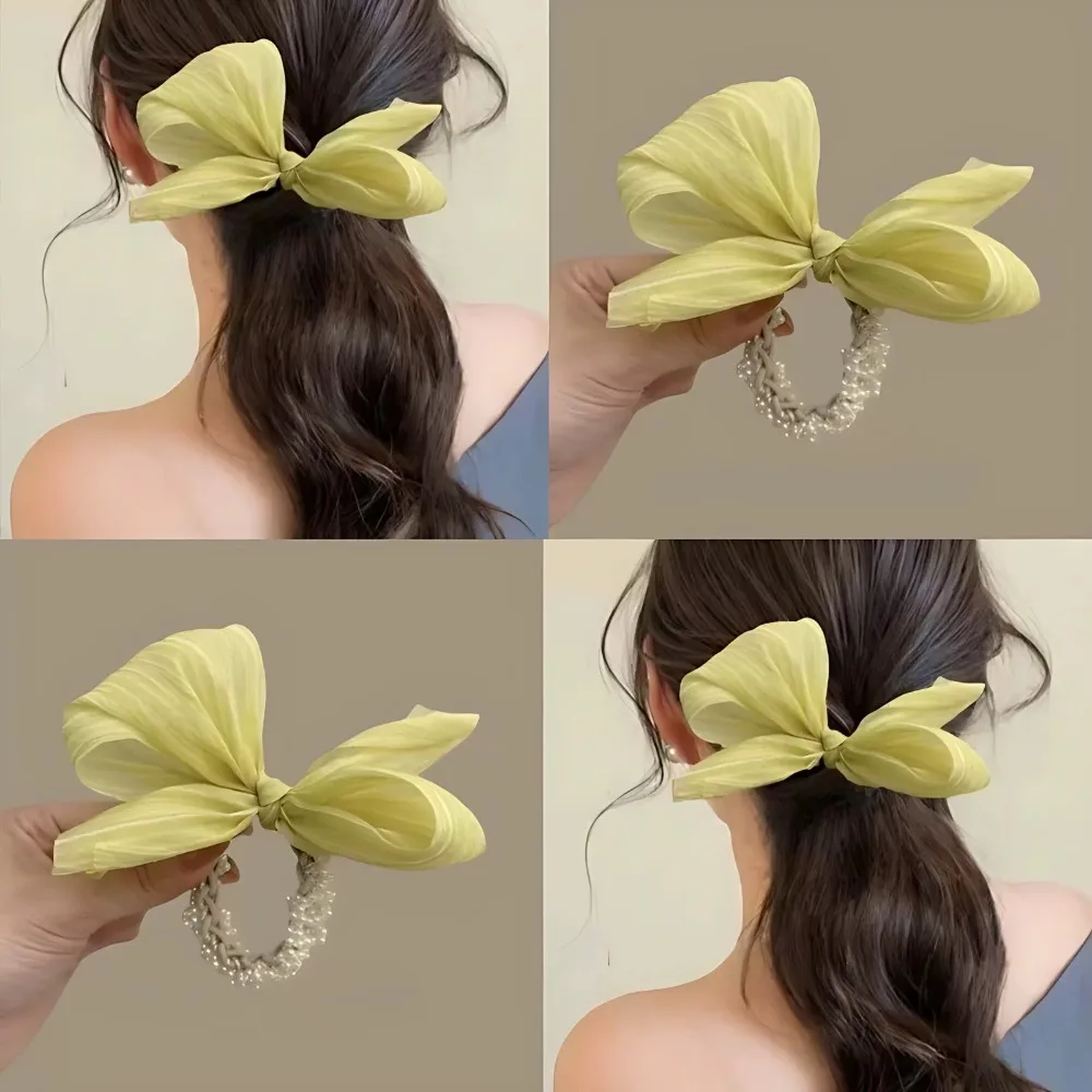 Mesh Bow Scrunchie, Versatile Ponytail, Rubber Band, High Stretch Pearl Headband, Headdress