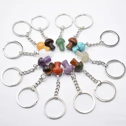 Natural Stone Cute Mushroom Shape Keychain Stainless Steel Car Keychain Accessory Reiki Crystal Pendant Handbag Decor 12pcs/lot